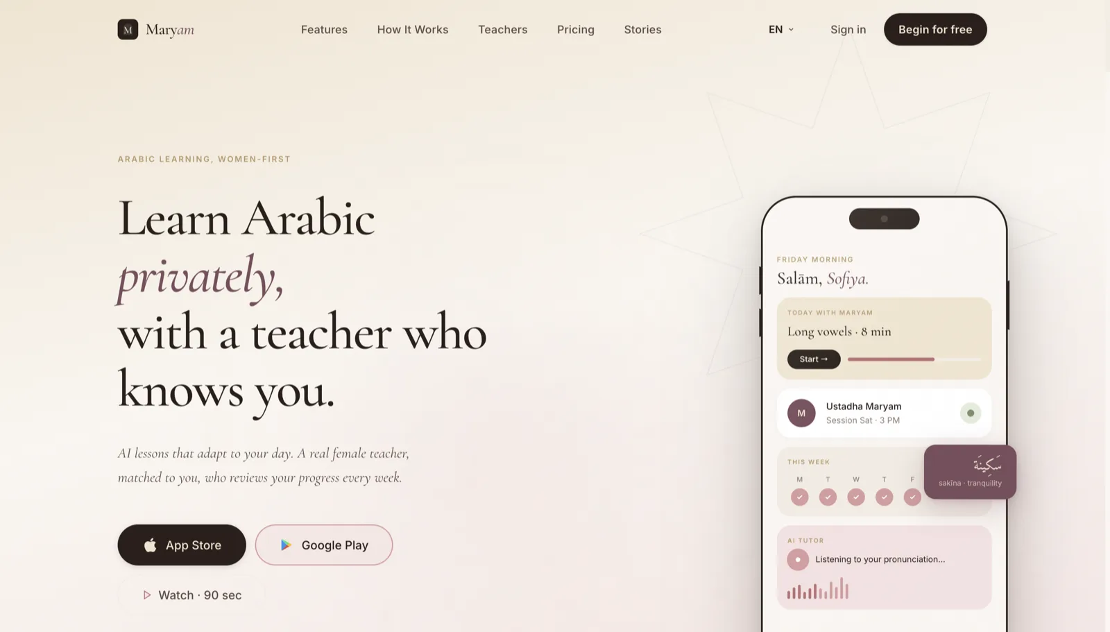 Maryam - Arabic Learning App for Women, AI Tutor + Real Female Teachers